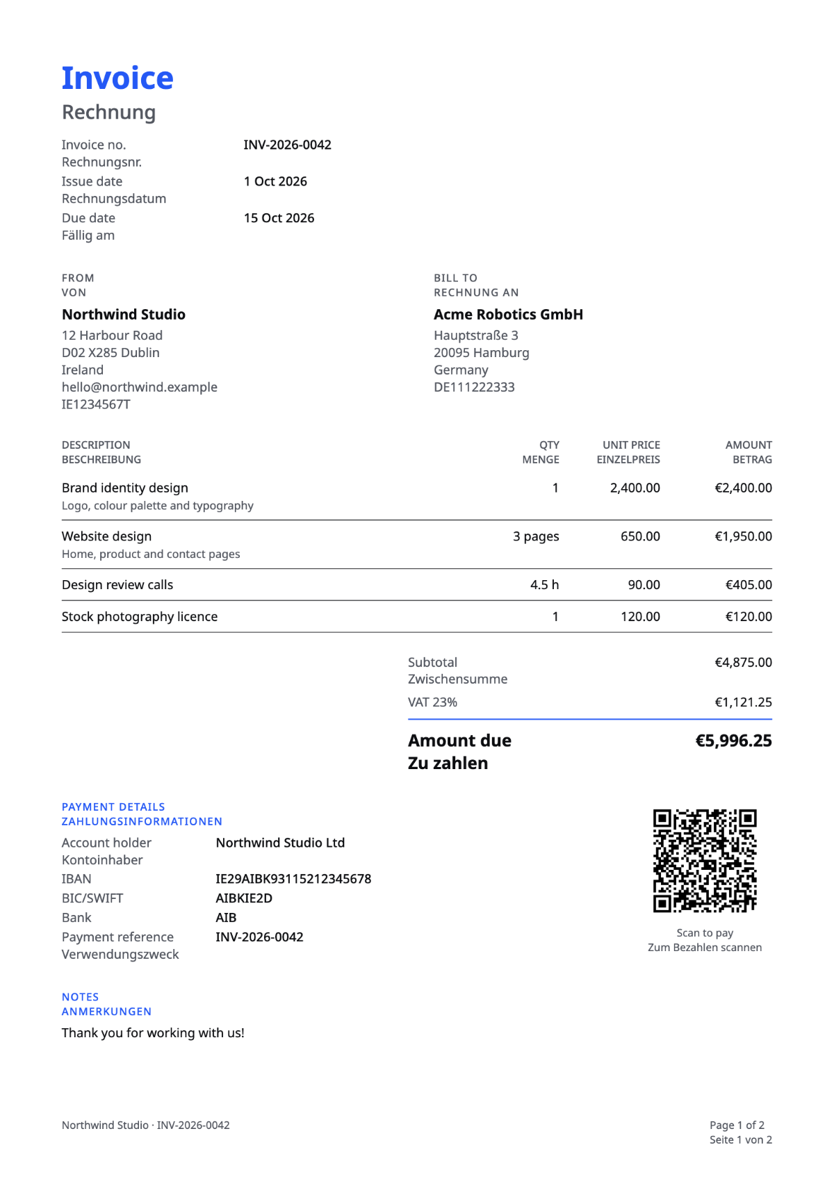 Sample invoice in the Bilingual template