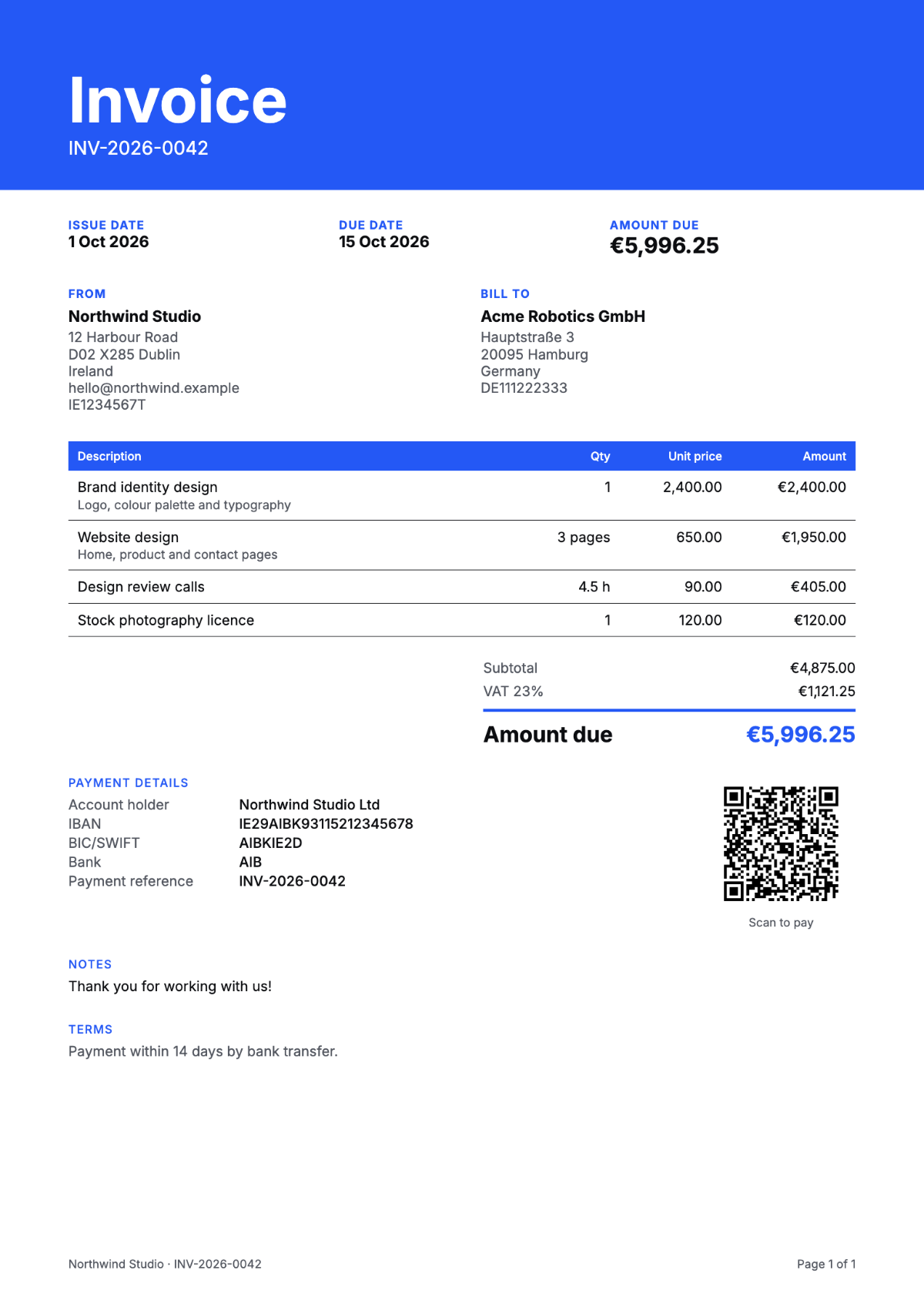 Sample invoice in the Bold template