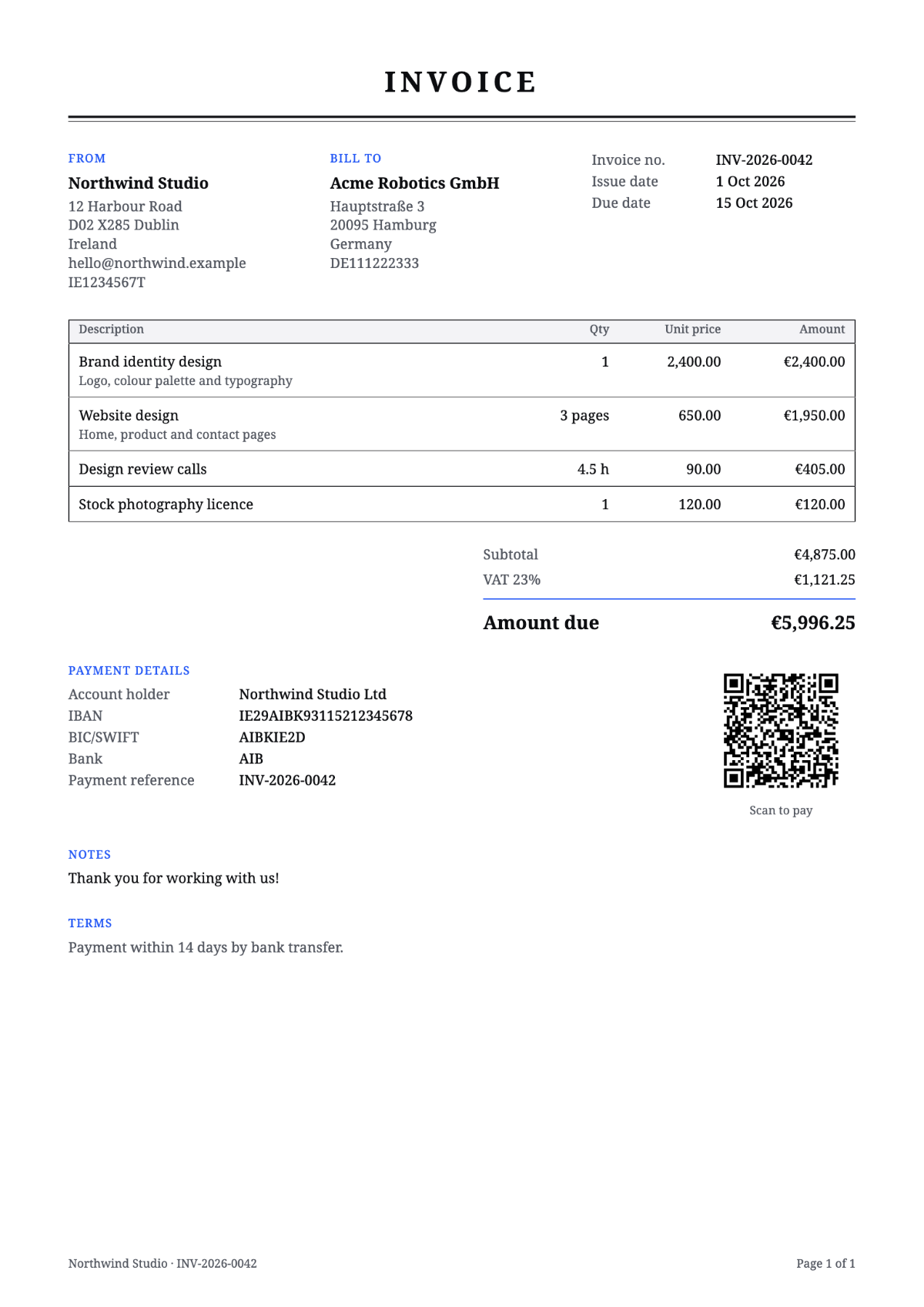 Sample invoice in the Classic template