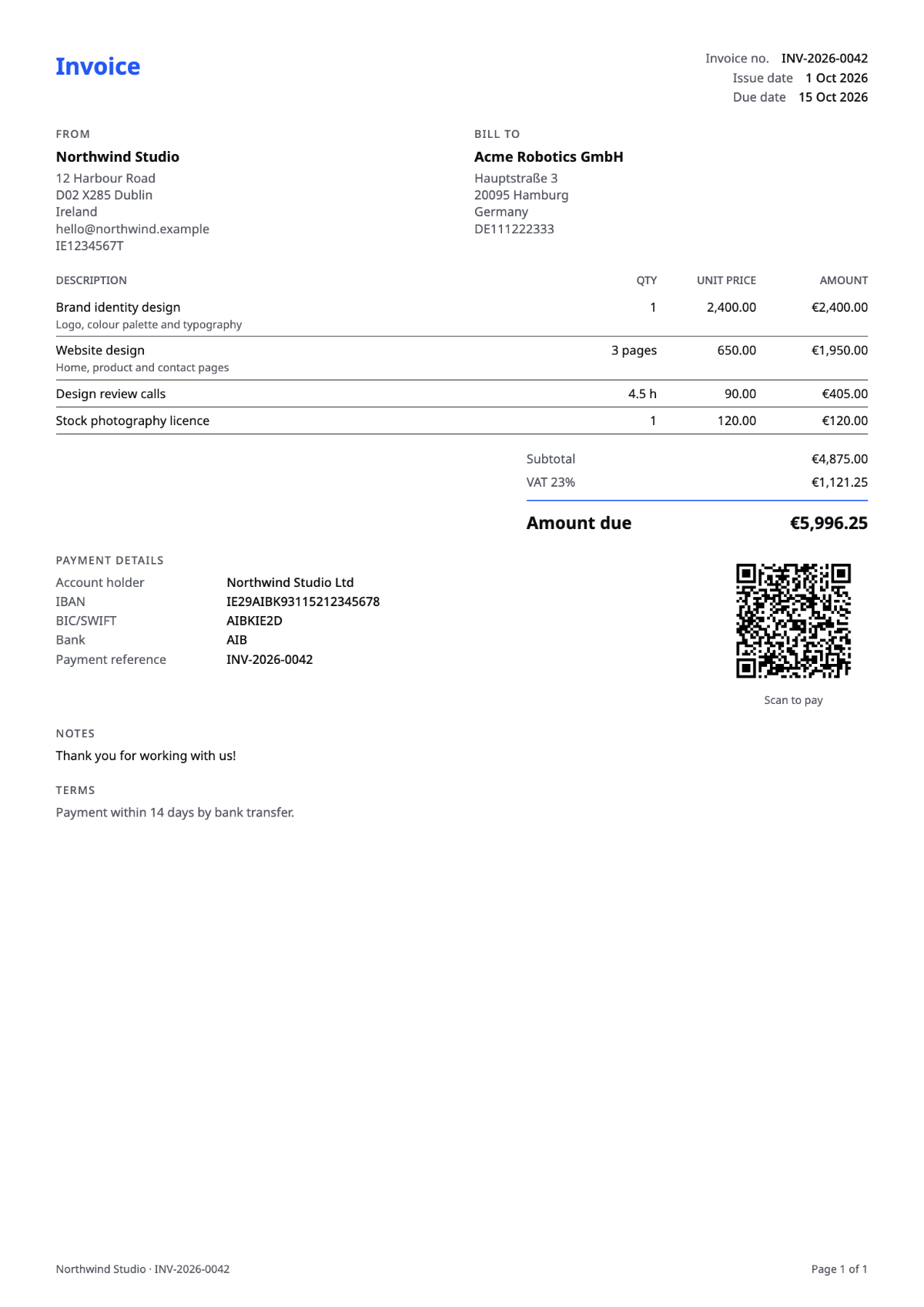 Sample invoice in the Compact template