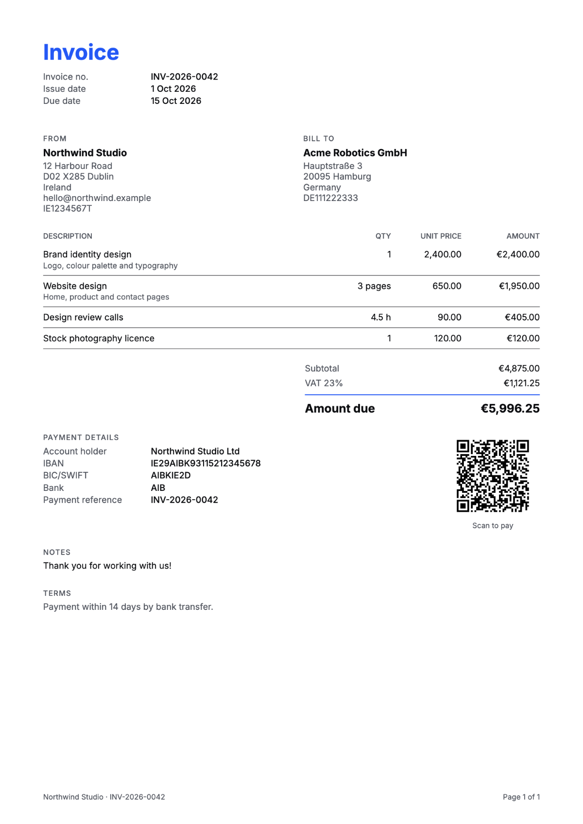 Sample invoice in the Minimal template