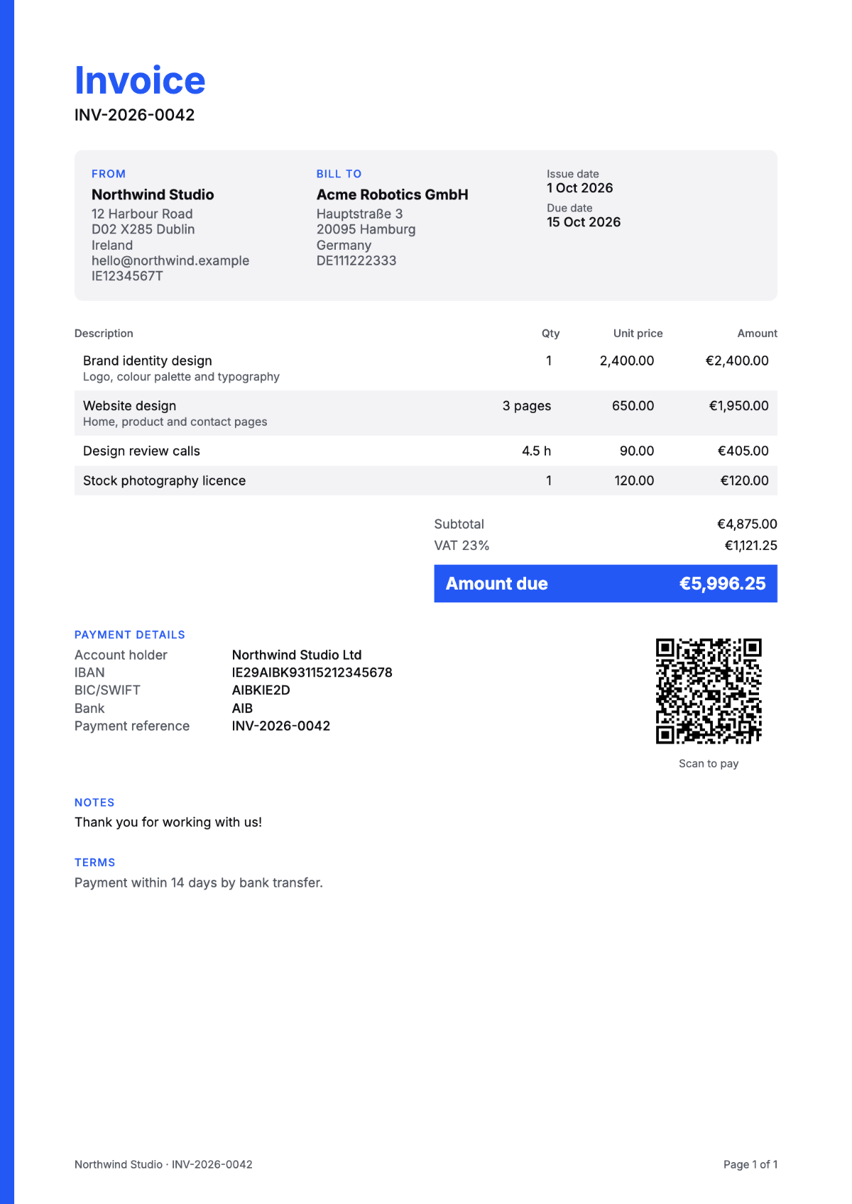Sample invoice in the Modern template